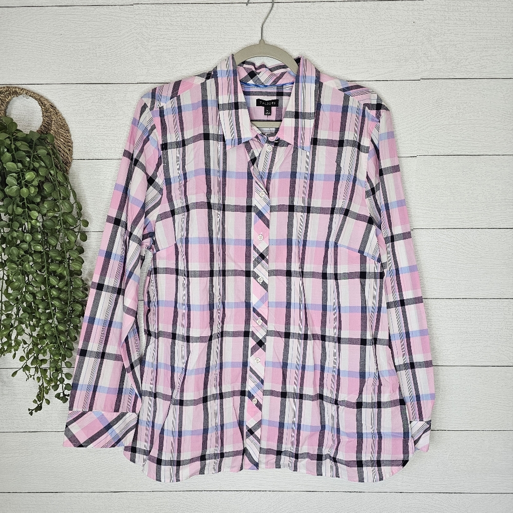 Talbots Womens Button Down Shirt  XL Long Sleeve Pink Navy Plaid Top